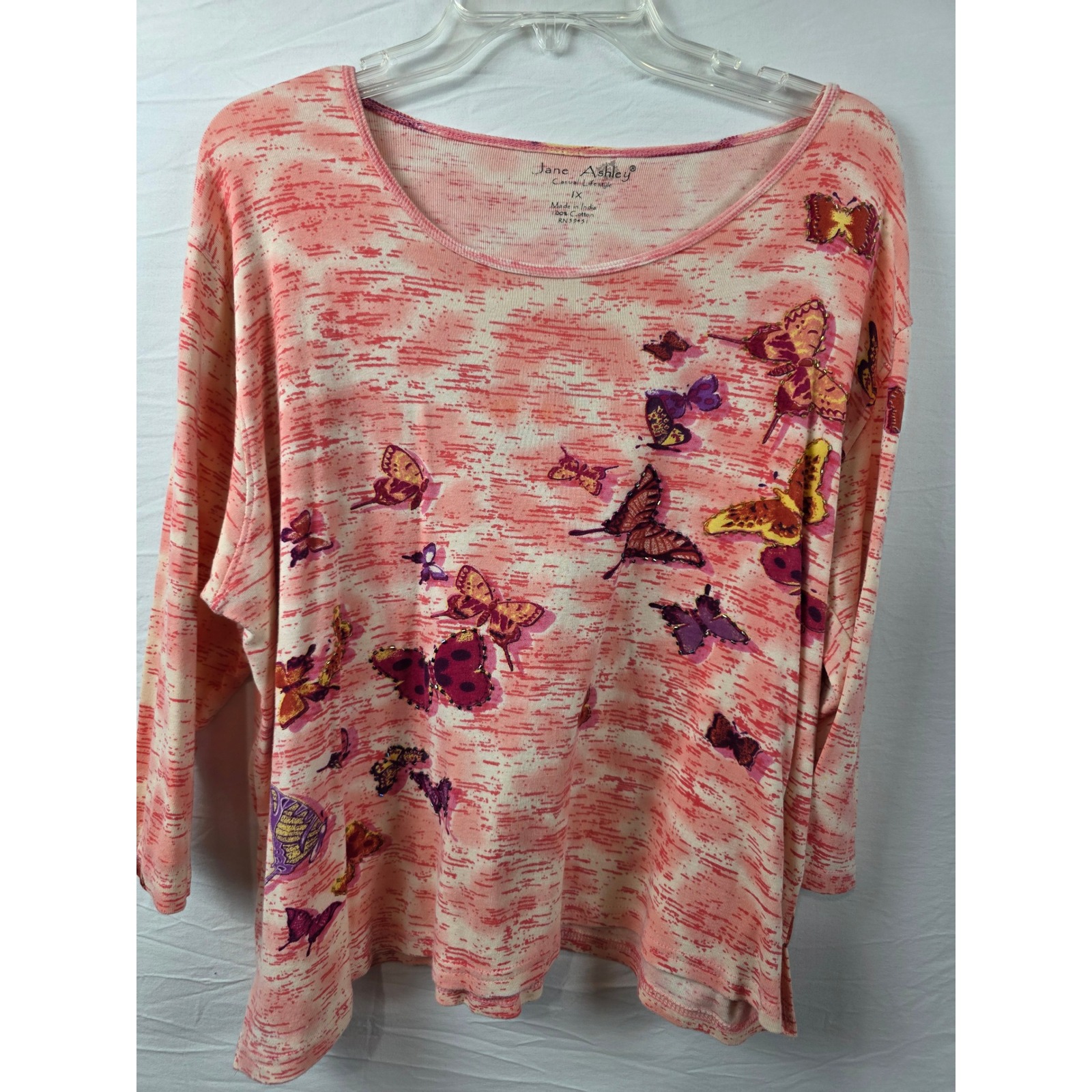 Jane Ashley Pink Butterfly Beaded Cotton 3/4 Sleeve Top Plus Size 1x